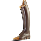 A single Petrie dark brown leather riding boot with textured tan and brown patterned accents on the toe and collar, shown against a plain white background.