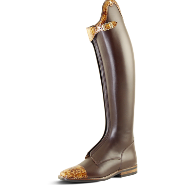 A single Petrie dark brown leather riding boot with textured tan and brown patterned accents on the toe and collar, shown against a plain white background.