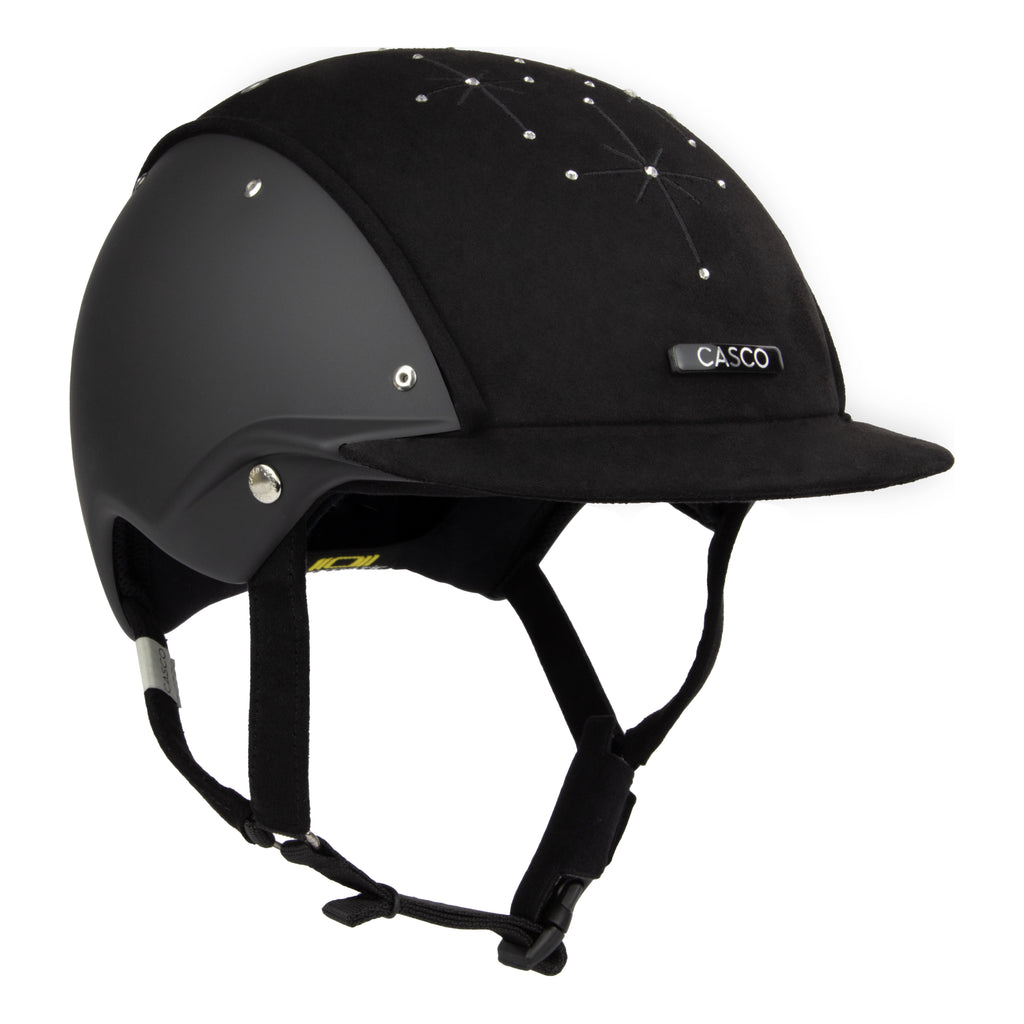 3/4 front view of A black equestrian riding Casco helmet with a matte finish, featuring a velour fabric visor and top, decorative crystals, against white background