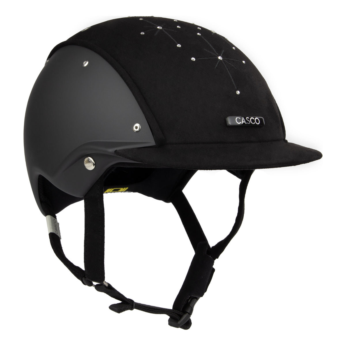3/4 front view of A black equestrian riding Casco helmet with a matte finish, featuring a velour fabric visor and top, decorative crystals, against white background