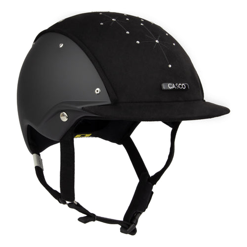 3/4 front view of A black equestrian riding Casco helmet with a matte finish, featuring a velour fabric visor and top, decorative crystals, against white background