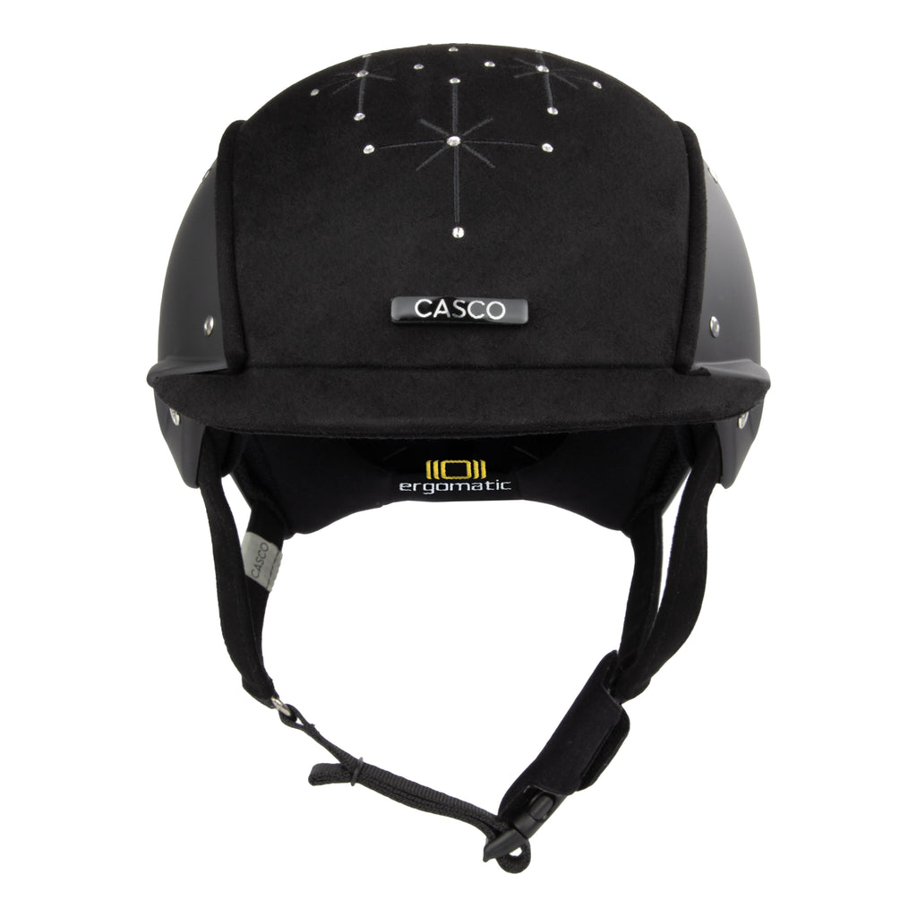 front view of A black equestrian riding Casco helmet with a matte finish, featuring a velour fabric visor and top, decorative crystals, against white background