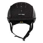 front view of A black equestrian riding Casco helmet with a matte finish, featuring a velour fabric visor and top, decorative crystals, against white background