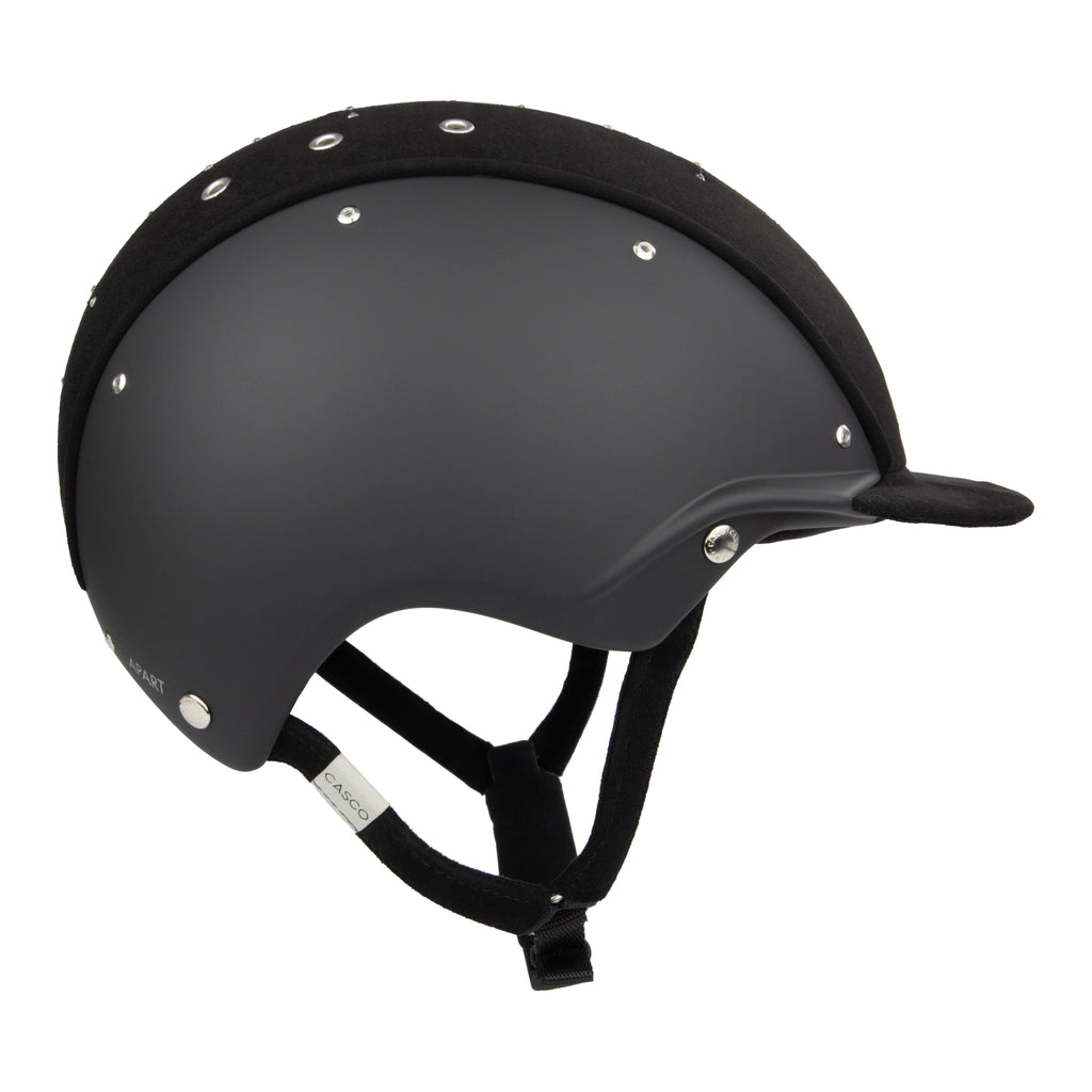 Side view of A black equestrian riding Casco helmet with a matte finish, featuring a velour fabric visor and top, decorative crystals, against white background