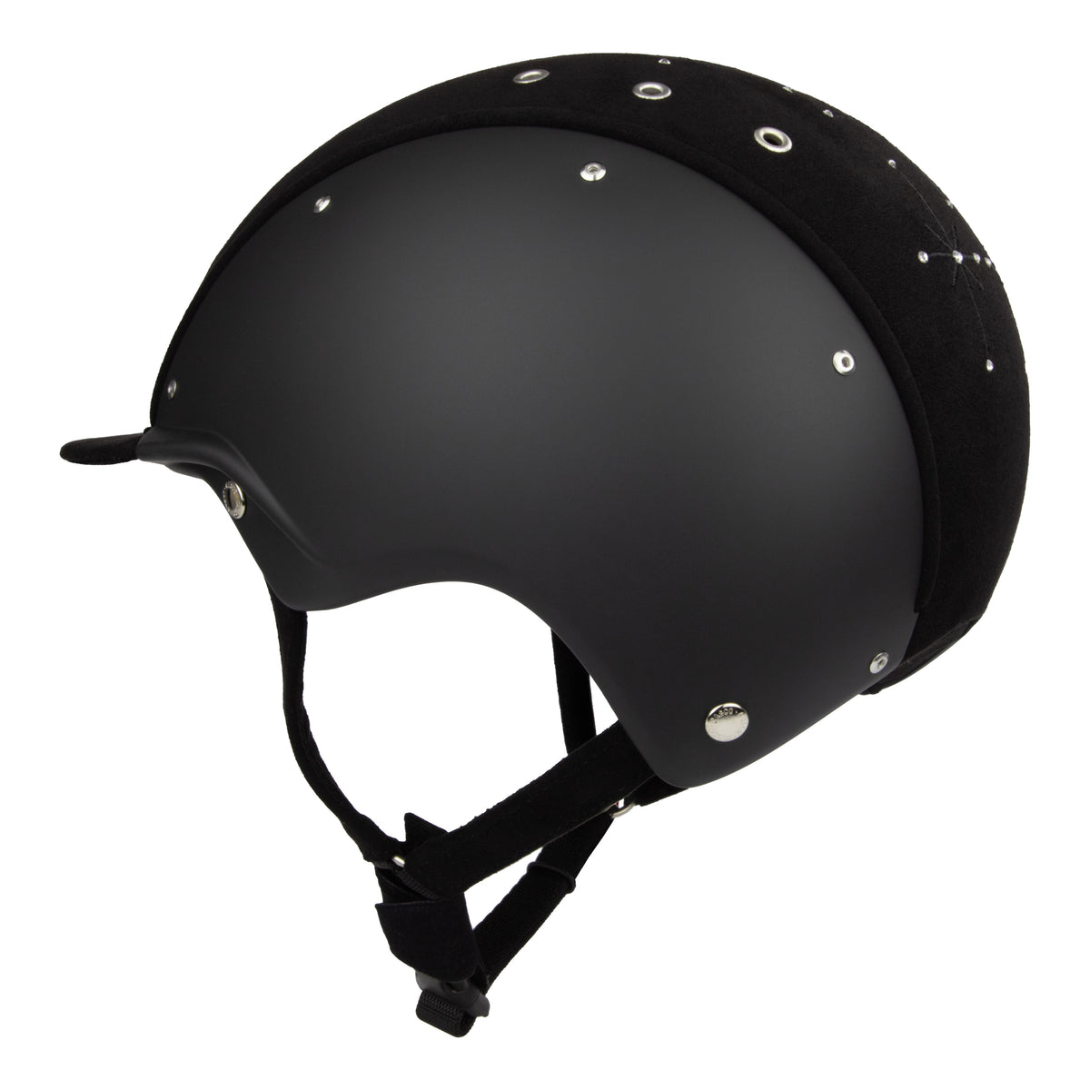 Side view of A black equestrian riding Casco helmet with a matte finish, featuring a velour fabric visor and top, decorative crystals, against white background