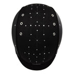 Top view of A black equestrian riding Casco helmet with a matte finish, featuring a velour fabric visor and top, decorative crystals, against white background