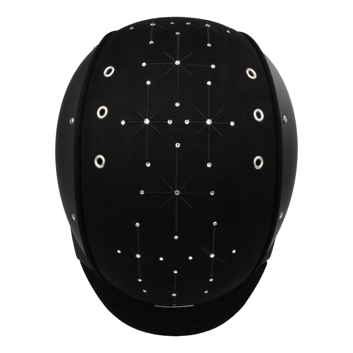 Top view of A black equestrian riding Casco helmet with a matte finish, featuring a velour fabric visor and top, decorative crystals, against white background