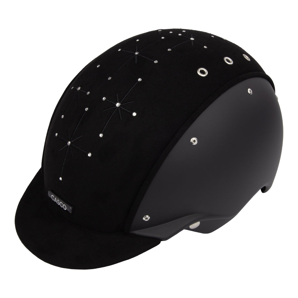 3/4 view of A black equestrian riding Casco helmet with a matte finish, featuring a velour fabric visor and top, decorative crystals, against white background