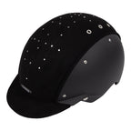3/4 view of A black equestrian riding Casco helmet with a matte finish, featuring a velour fabric visor and top, decorative crystals, against white background
