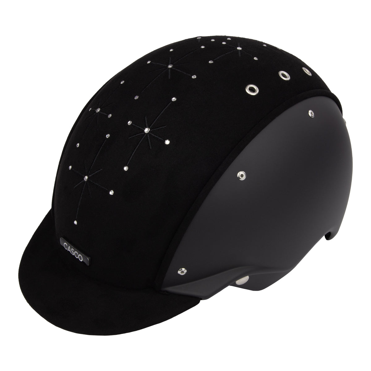 3/4 view of A black equestrian riding Casco helmet with a matte finish, featuring a velour fabric visor and top, decorative crystals, against white background