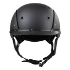 A mat black equestrian riding CASCO helmet made with mat carbon side panel, front view against white background