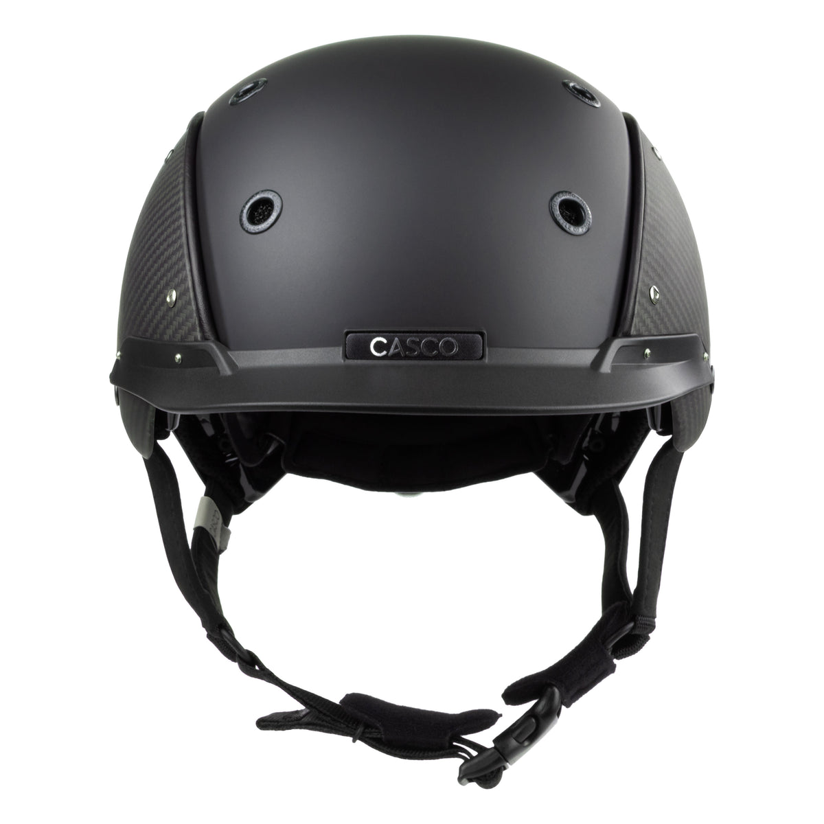 A mat black equestrian riding CASCO helmet made with mat carbon side panel, front view against white background