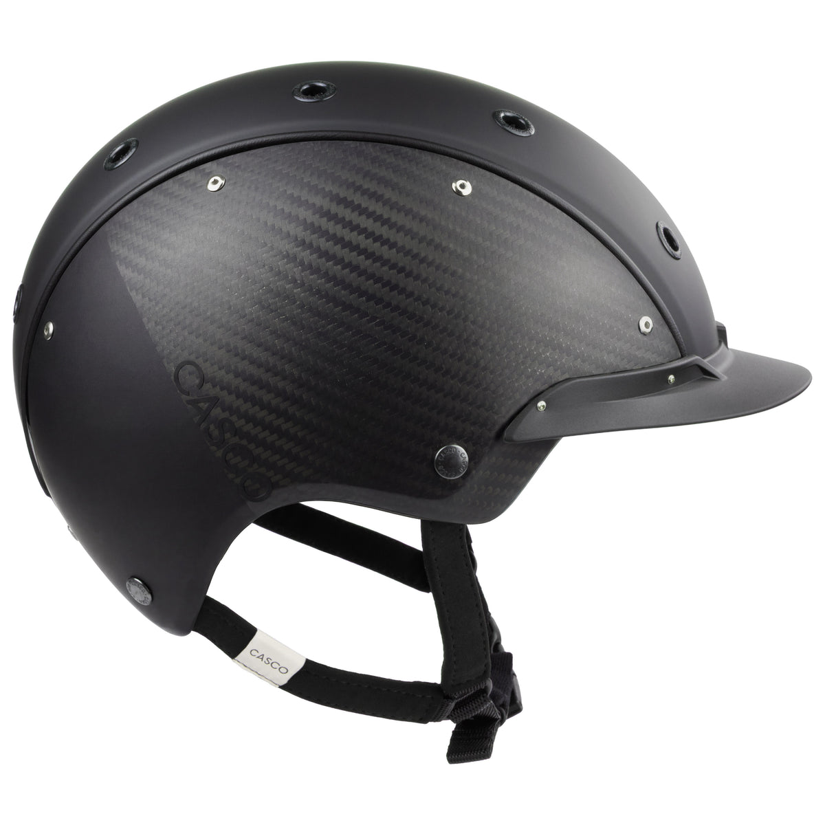 A mat black equestrian riding CASCO helmet made with mat carbon side panel, side view against white background 