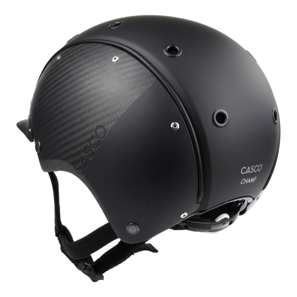 A mat black equestrian riding CASCO helmet made with mat carbon side panel, 3/4 rear view against white background 