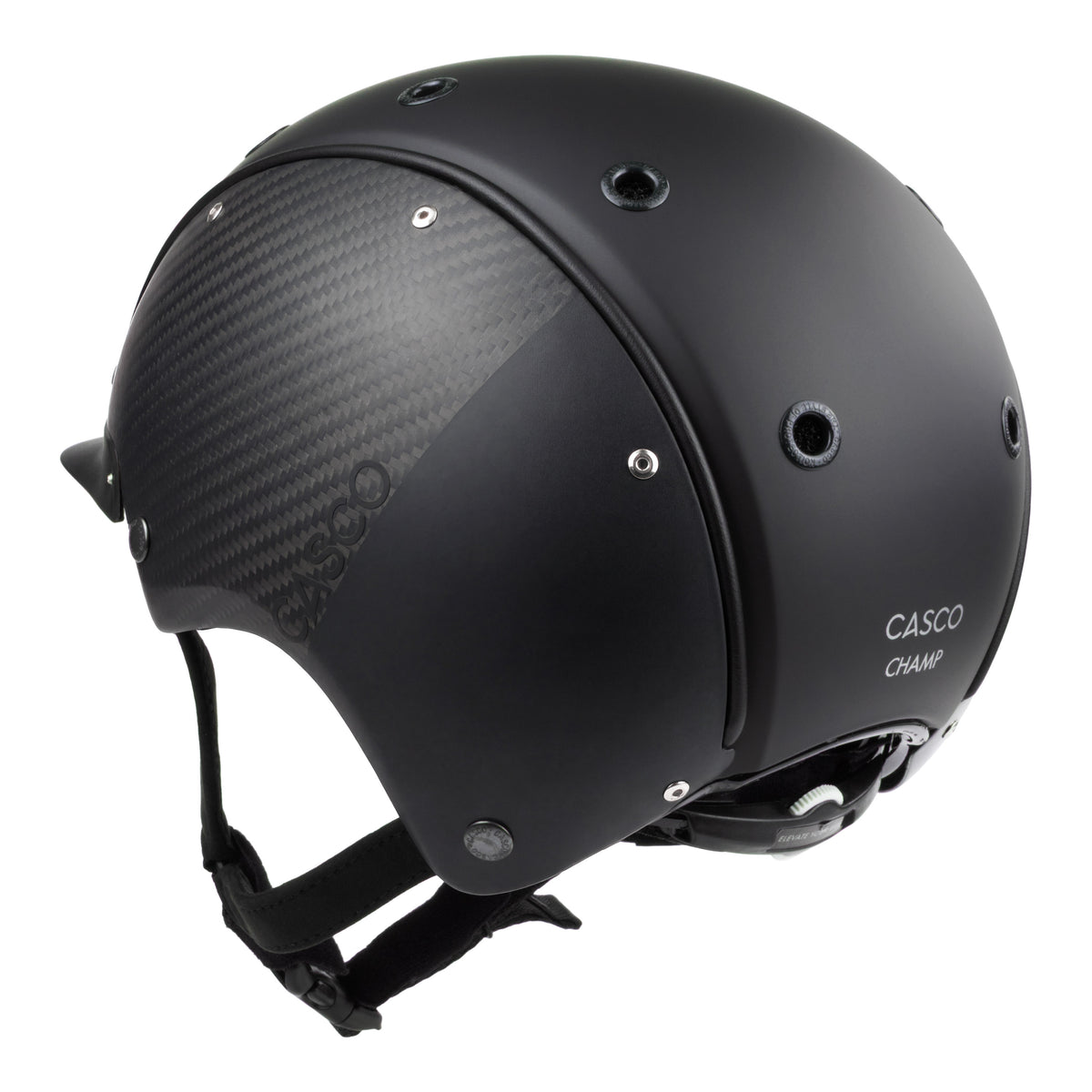 A mat black equestrian riding CASCO helmet made with mat carbon side panel, 3/4 rear view against white background 