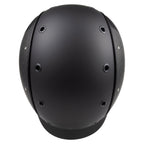 A mat black equestrian riding CASCO helmet made with mat carbon side panel, top view against white background 
