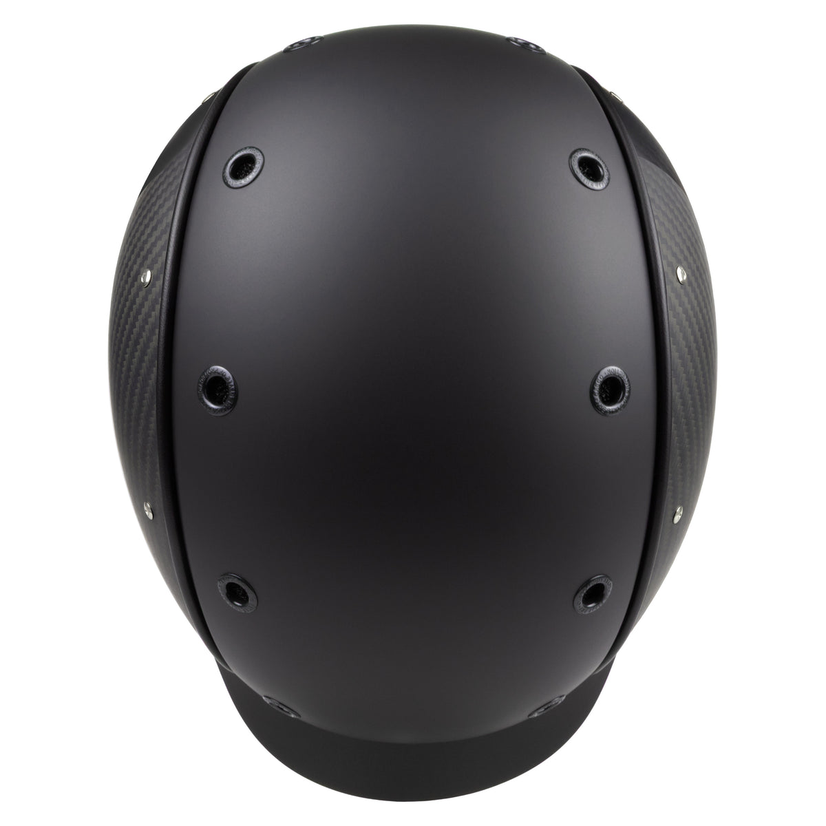 A mat black equestrian riding CASCO helmet made with mat carbon side panel, top view against white background 