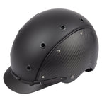 A mat black equestrian riding CASCO helmet made with mat carbon side panel, 3/4 front view against white background 