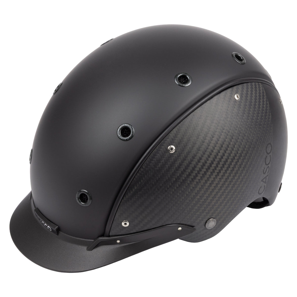 A mat black equestrian riding CASCO helmet made with mat carbon side panel, 3/4 front view against white background 