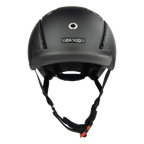 A matte black Casco helmet shown from the front against a solid white background, featuring a textured pattern on the side panels and a black chin strap with a red buckle.