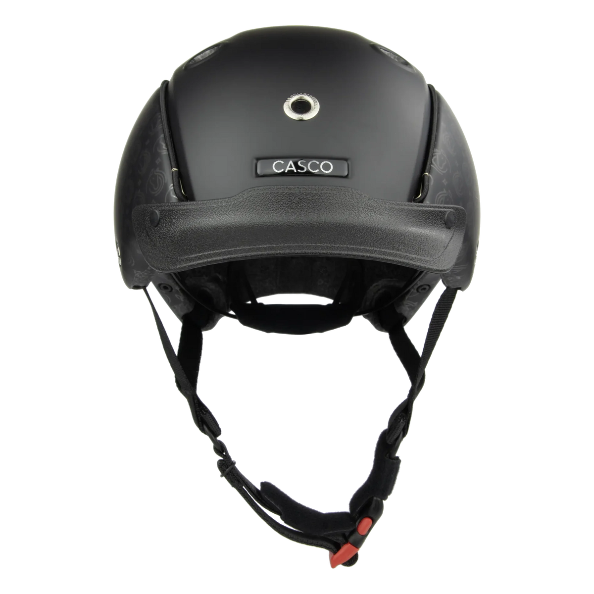 A matte black Casco helmet shown from the front against a solid white background, featuring a textured pattern on the side panels and a black chin strap with a red buckle.