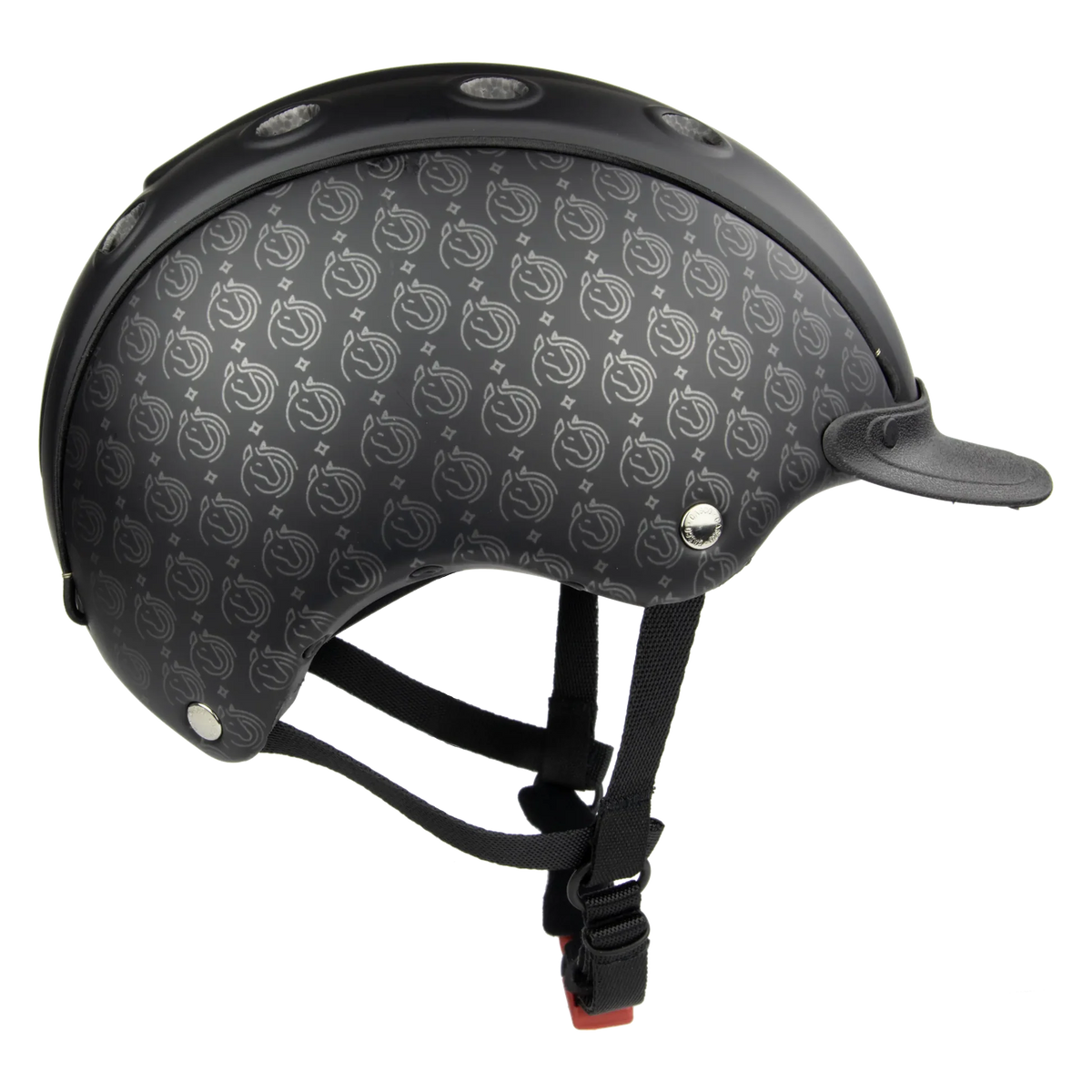 A black full-face CASCO helmet with a subtle repeating silver logo pattern, featuring a matching black visor and black chin straps with a red-and-black buckle, shown against a plain white background.
