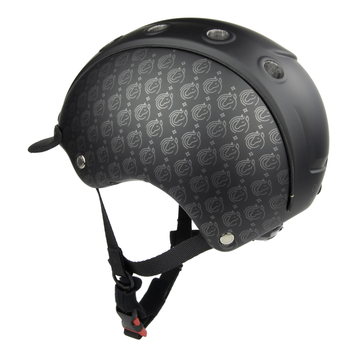 A black equestrian CASCO helmet featuring a subtle repeating circular logo pattern on the front shell, with matte black plastic trim and adjustable black chin straps.