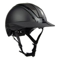 A black mat equestrian riding CASCO helmet with shiny top carbon parts, 3/4 profile view against white background