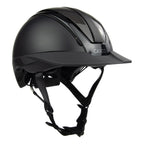 A black mat equestrian riding CASCO helmet with shiny top carbon parts, 3/4 profile view against white background