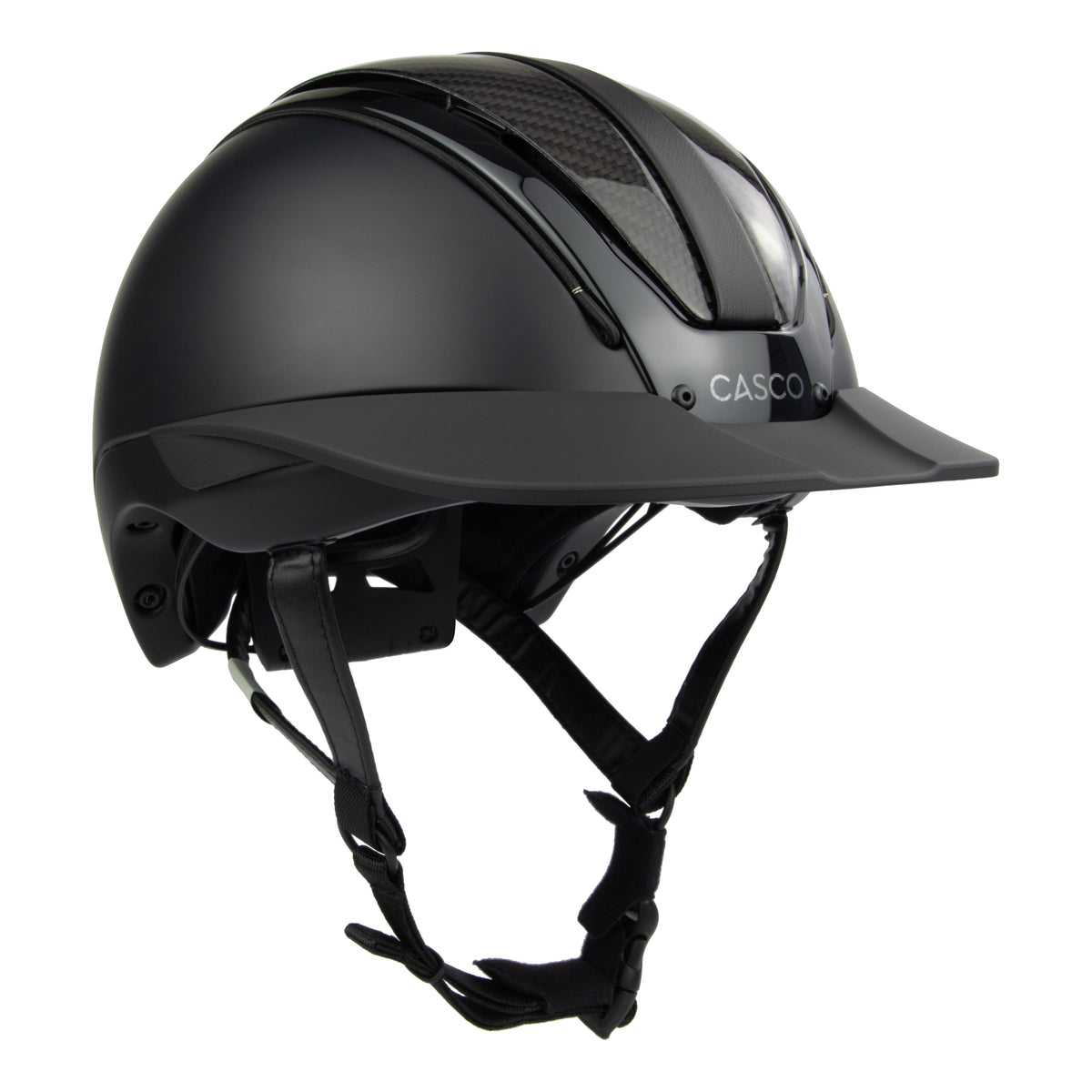 A black mat equestrian riding CASCO helmet with shiny top carbon parts, 3/4 profile view against white background