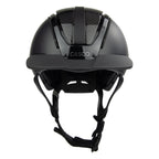 A black mat equestrian riding CASCO helmet with shiny top carbon parts, front view against white background