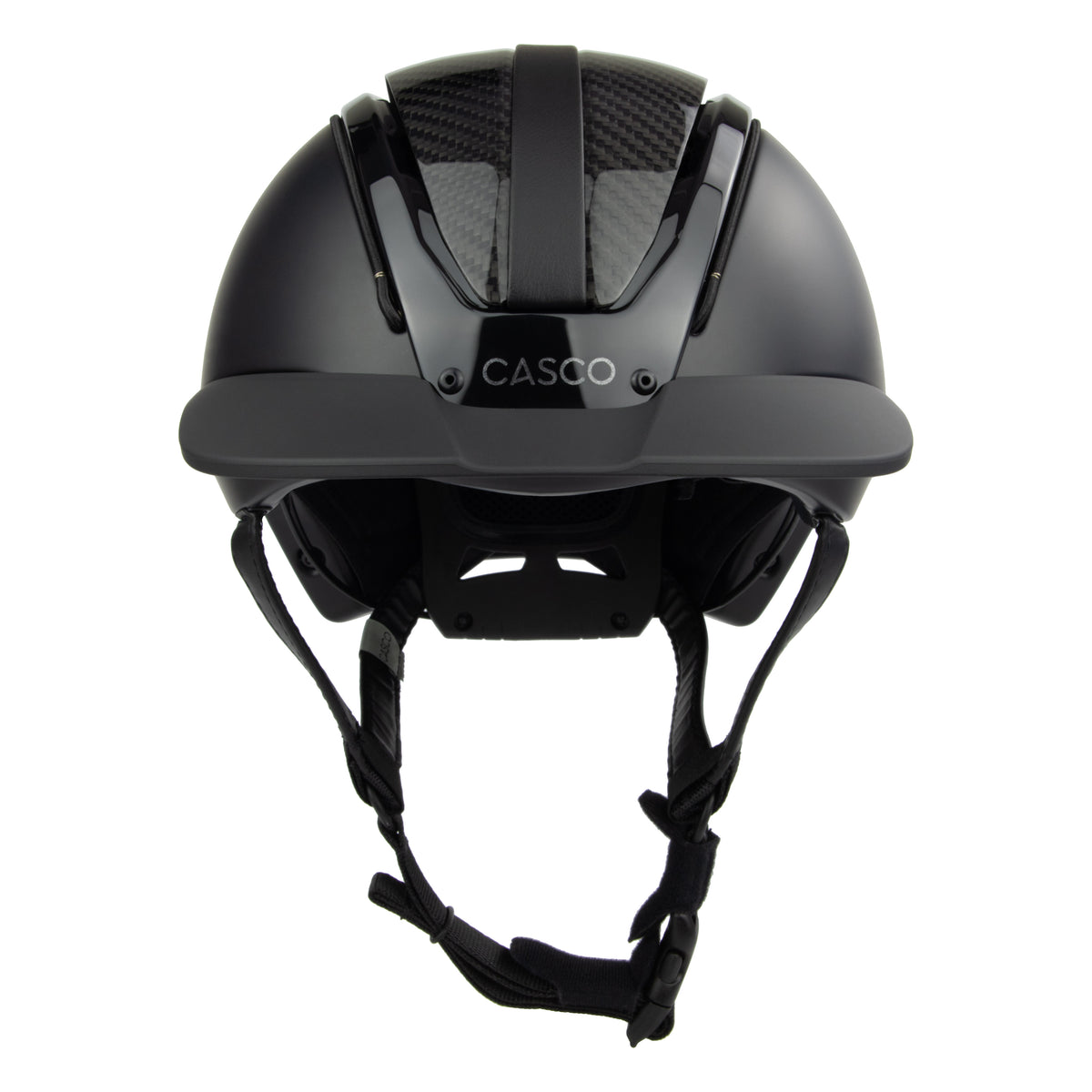 A black mat equestrian riding CASCO helmet with shiny top carbon parts, front view against white background
