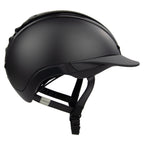 A black mat equestrian riding CASCO helmet with shiny top carbon parts, side view against white background