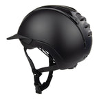 A black mat equestrian riding CASCO helmet with shiny top carbon parts, side view against white background