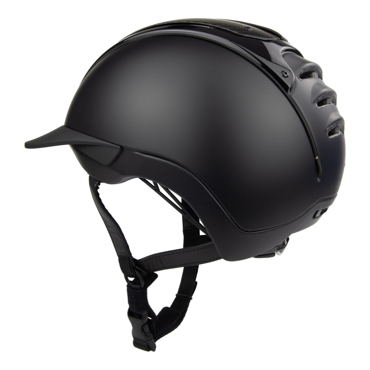 A black mat equestrian riding CASCO helmet with shiny top carbon parts, side view against white background