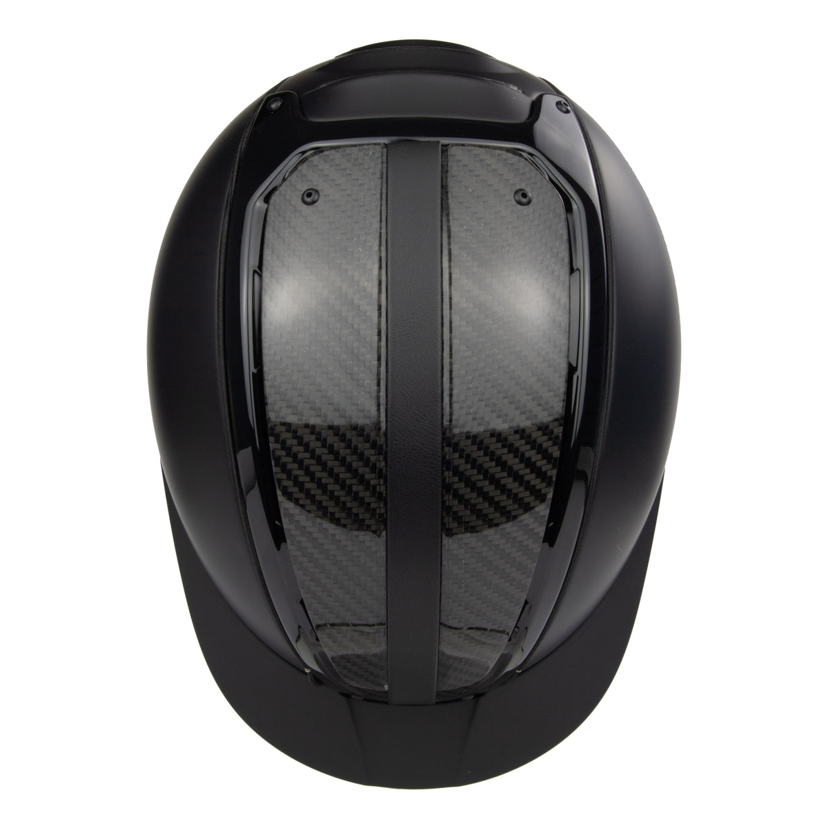 A black mat equestrian riding CASCO helmet with shiny top carbon parts, top view against white background