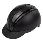 A black mat equestrian riding CASCO helmet with shiny top carbon parts, 3/4 view against white background