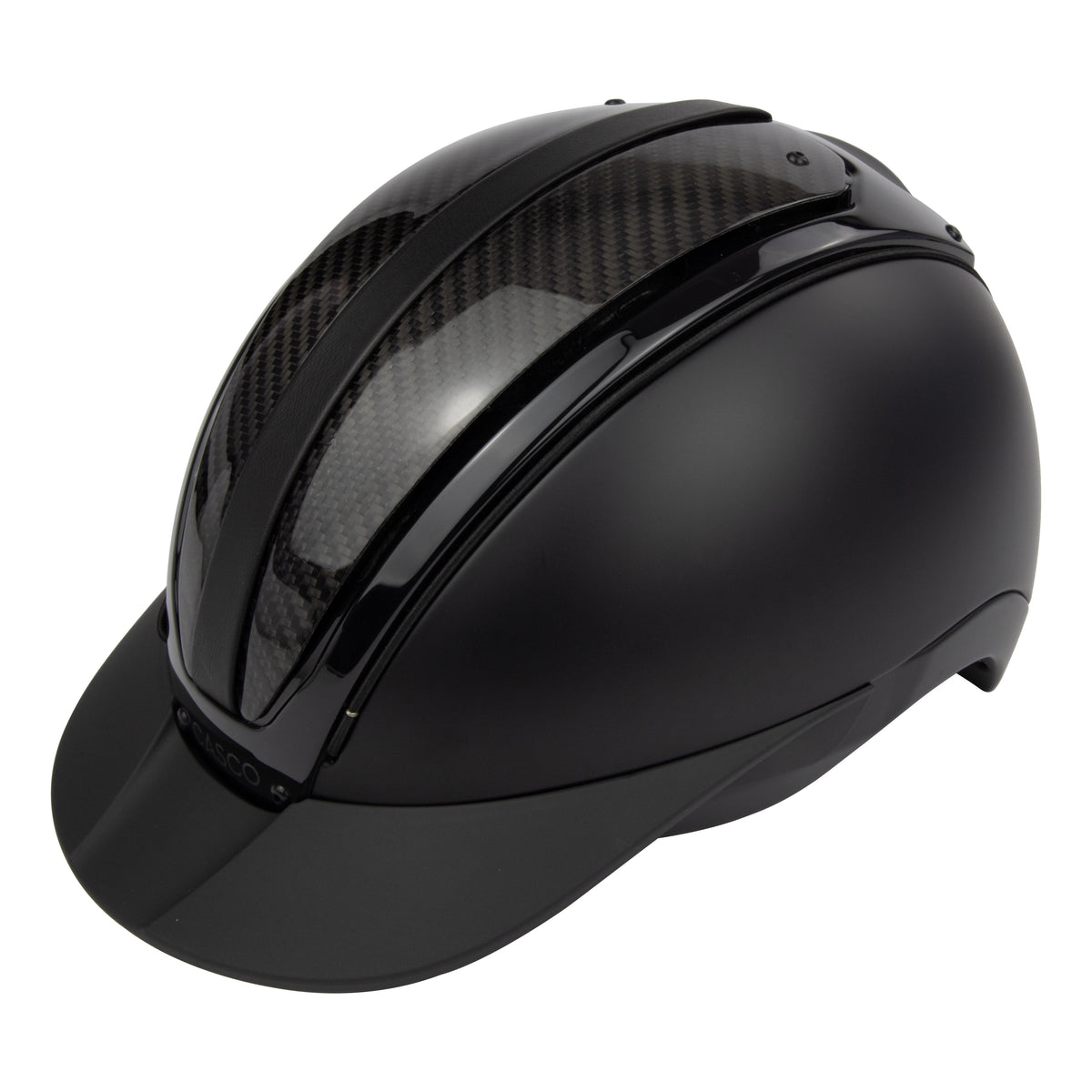A black mat equestrian riding CASCO helmet with shiny top carbon parts, 3/4 view against white background