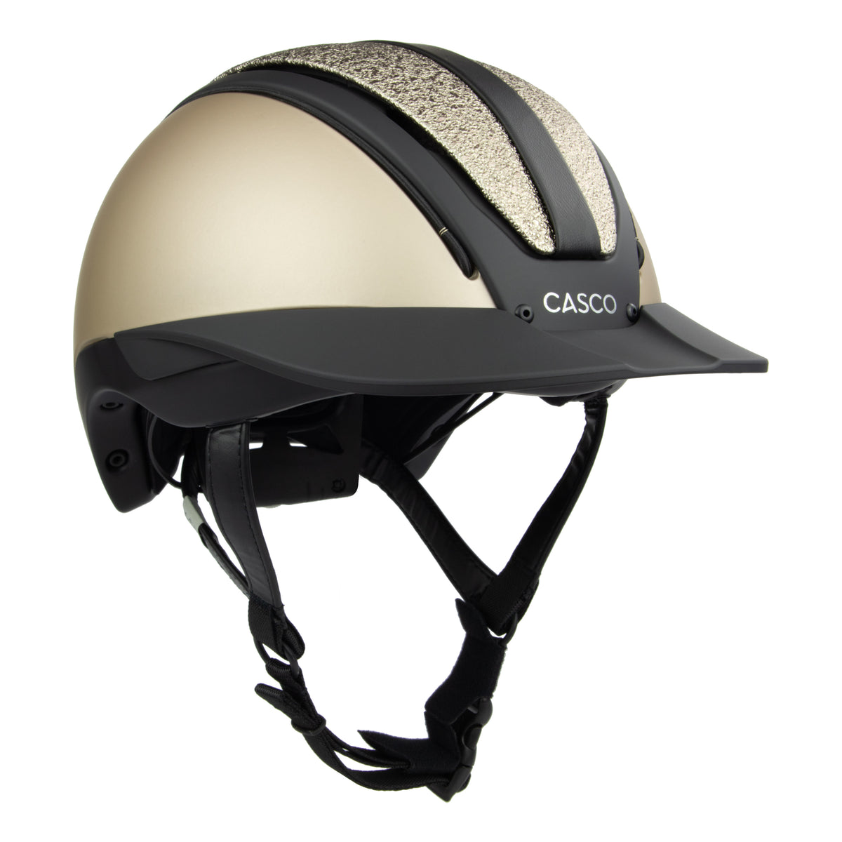 A 3/4 view of the equestrian riding Casco helmet,Champagne and black contrast finish with nubuck leather detailing, black strap 