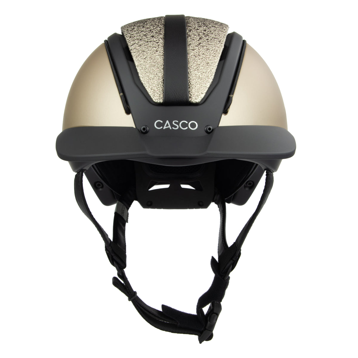 Front view of the equestrian riding Casco helmet,Champagne and black contrast finish with nubuck leather detailing, black strap 