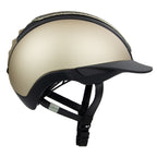 Side view of the equestrian riding Casco helmet,Champagne and black contrast finish with nubuck leather detailing, black strap 