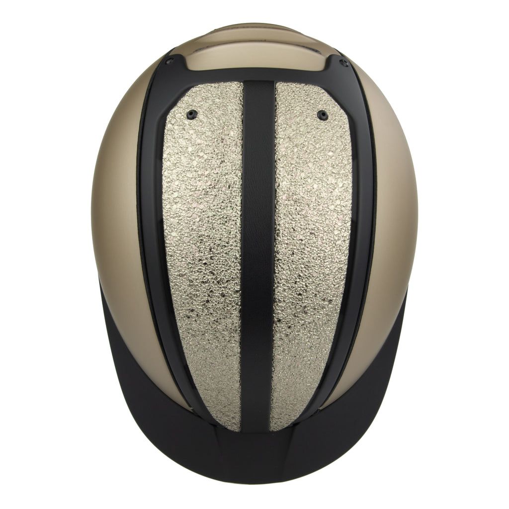 Top view of the equestrian riding Casco helmet,Champagne and black contrast finish with nubuck leather detailing, black strap 