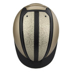 Top view of the equestrian riding Casco helmet,Champagne and black contrast finish with nubuck leather detailing, black strap 