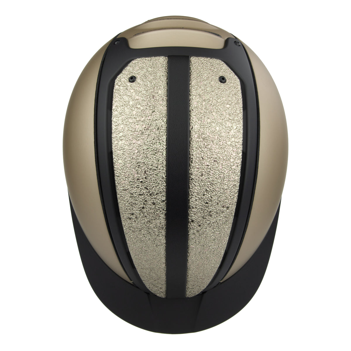 Top view of the equestrian riding Casco helmet,Champagne and black contrast finish with nubuck leather detailing, black strap 