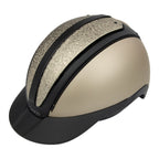 A 3/4 view of the equestrian riding Casco helmet,Champagne and black contrast finish with nubuck leather detailing