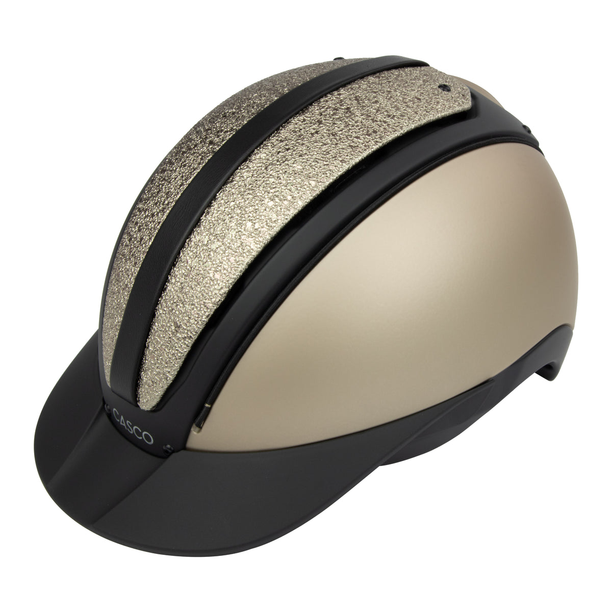 A 3/4 view of the equestrian riding Casco helmet,Champagne and black contrast finish with nubuck leather detailing