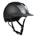 A matte black Casco equestrian riding helmet with a glossy visor and black chin straps, shown from a three-quarters angle on a white background.