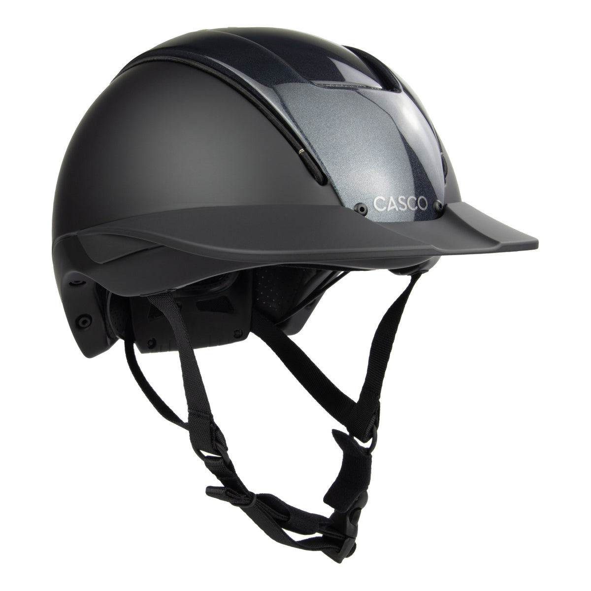 A matte black Casco equestrian riding helmet with a glossy visor and black chin straps, shown from a three-quarters angle on a white background.