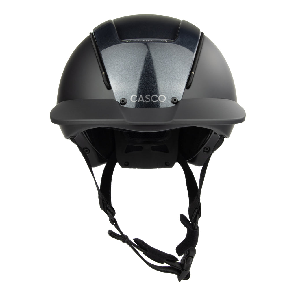 A matte black Casco equestrian riding helmet shown from the front against a solid white background.