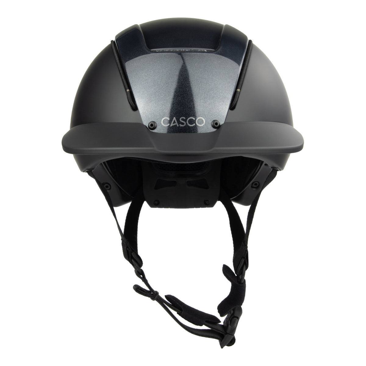 A matte black Casco equestrian riding helmet shown from the front against a solid white background.